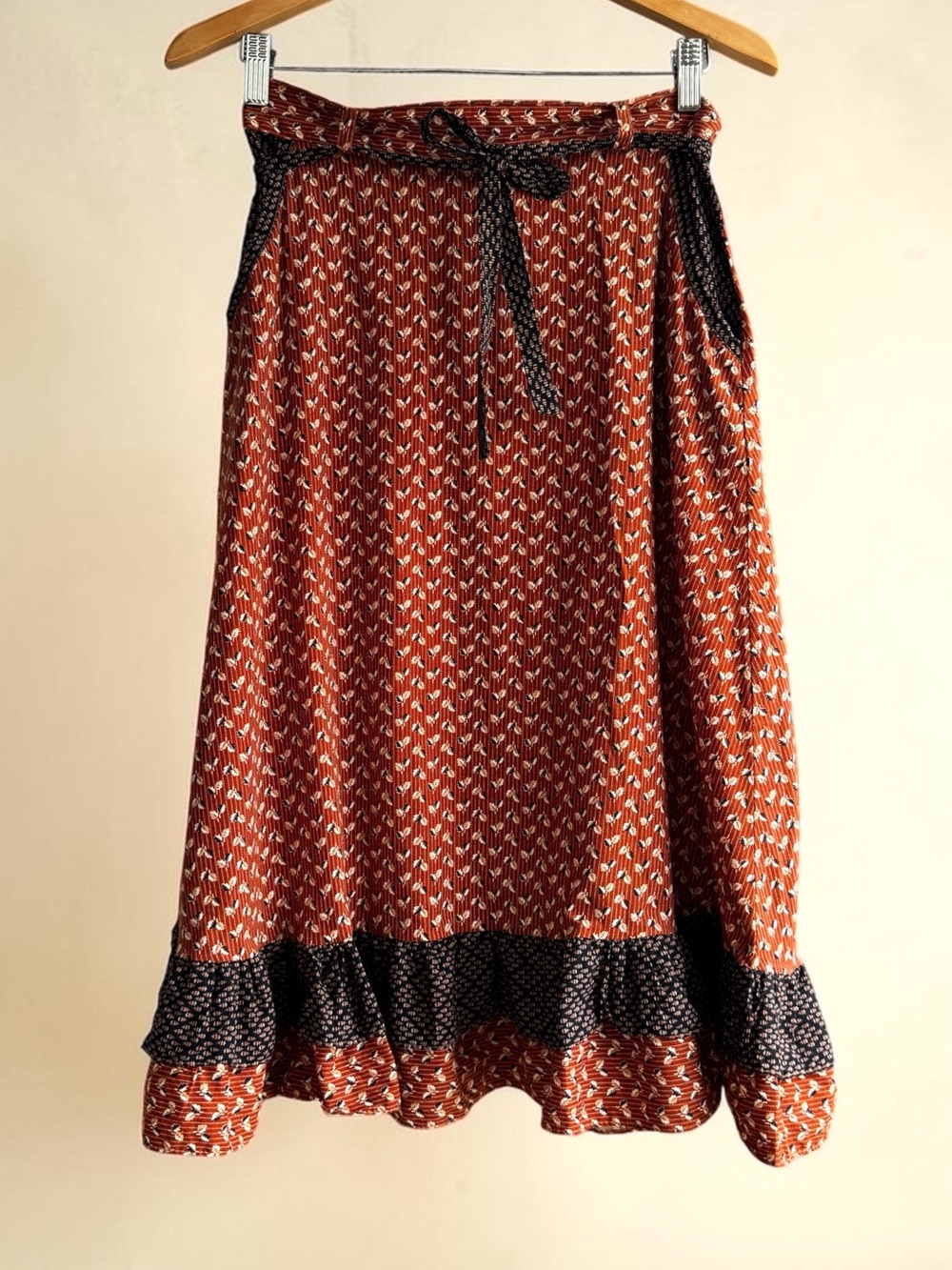 Vintage 70's Prairie Rust Colored Printed A-Line Midi Skirt U-Too California